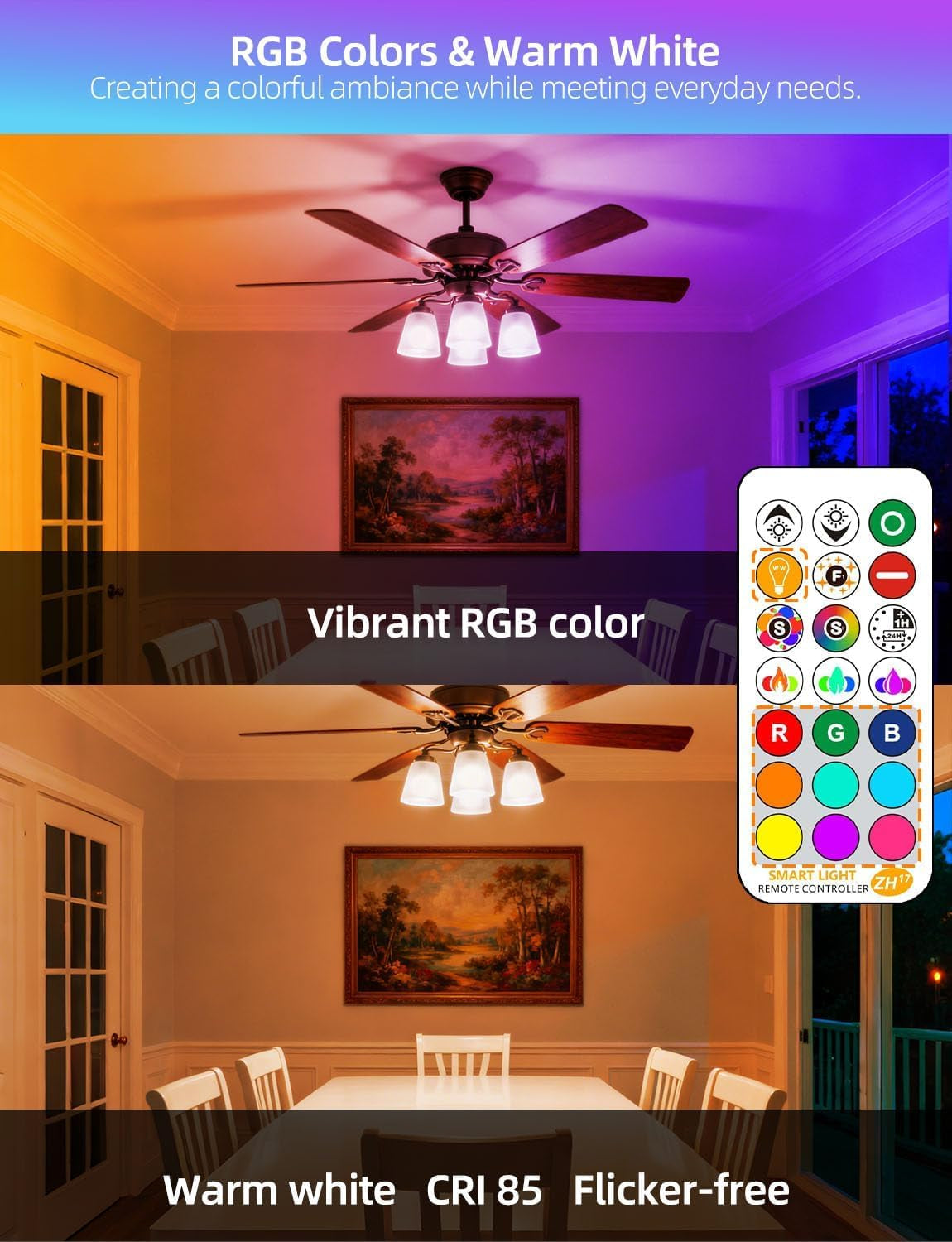 LED Light Bulb 85W Equivalent, Color Changing Light Bulbs 2700K Warm White, Remote Control RGB 6 Modes, Timing, Sync, Dimmable E26 Screw Base (2 Pack)