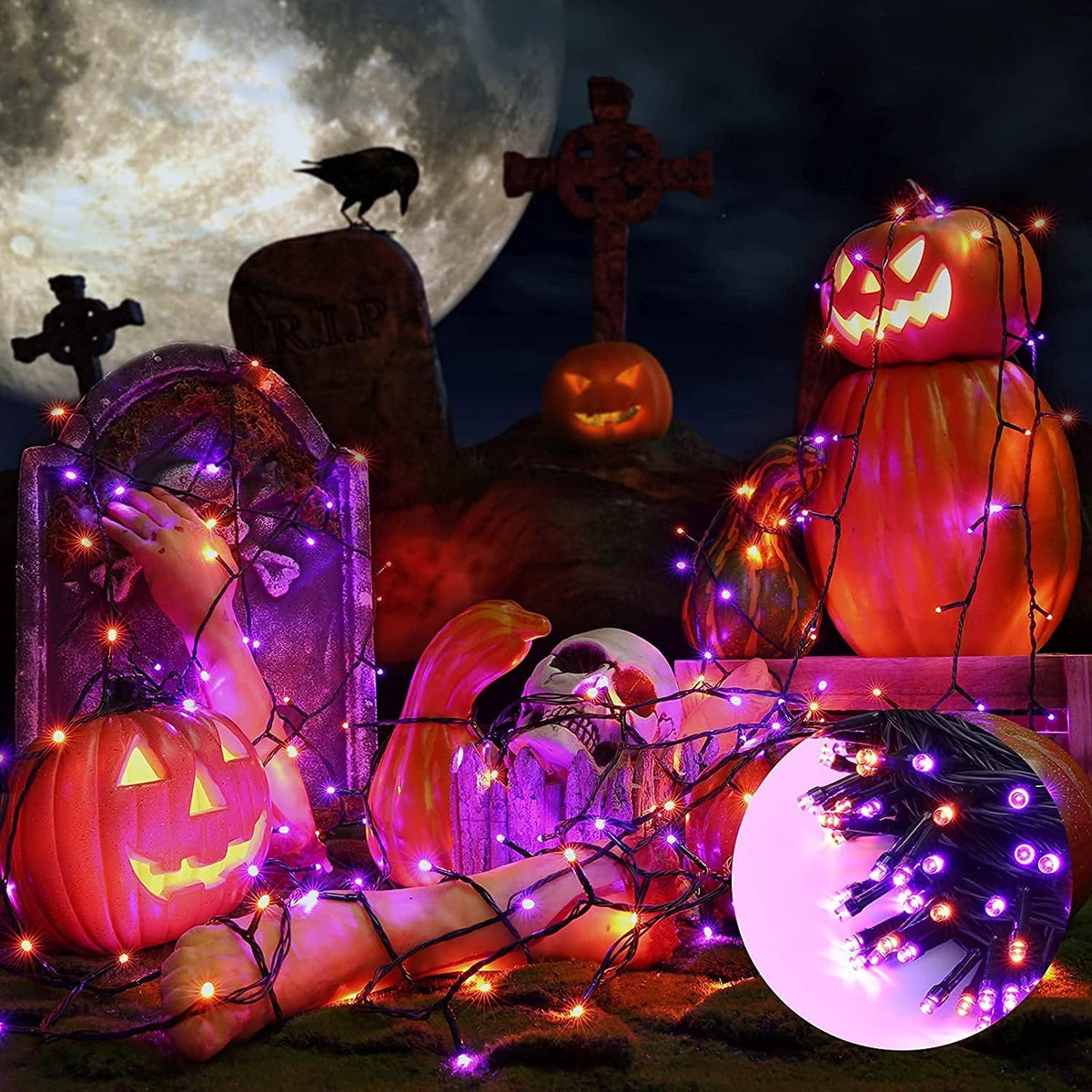 Orange Purple Halloween Lights, 174FT 500LED Plugin Non-Connectable | with 8 Modes Timer, Waterproof Indoor Outdoor for Haunted House, Halloween Party & Trick or Treat Decor