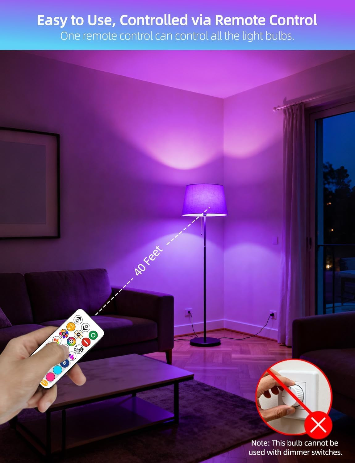 LED Light Bulb 85W Equivalent, Color Changing Light Bulbs 2700K Warm White, Remote Control RGB 6 Modes, Timing, Sync, Dimmable E26 Screw Base (2 Pack)