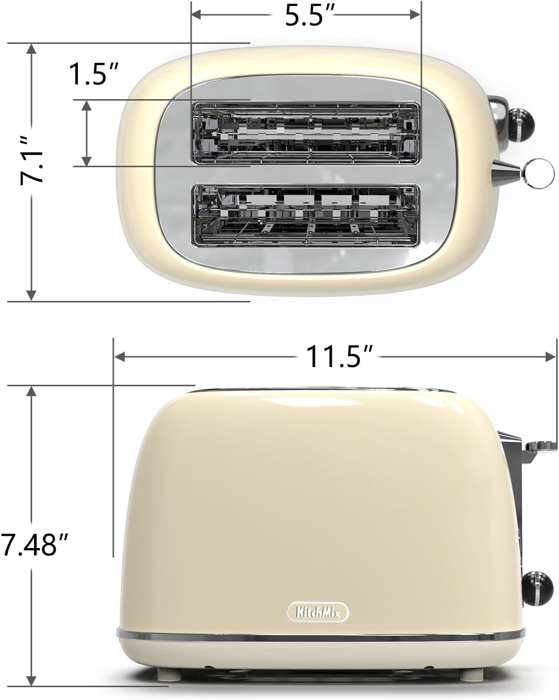 Toaster 2 Slice,  Retro Stainless Steel Toaster with 6 Settings, 1.5 in Extra Wide Slots, Bagel/Defrost/Cancel Function, Removable Crumb Tray (Cream)