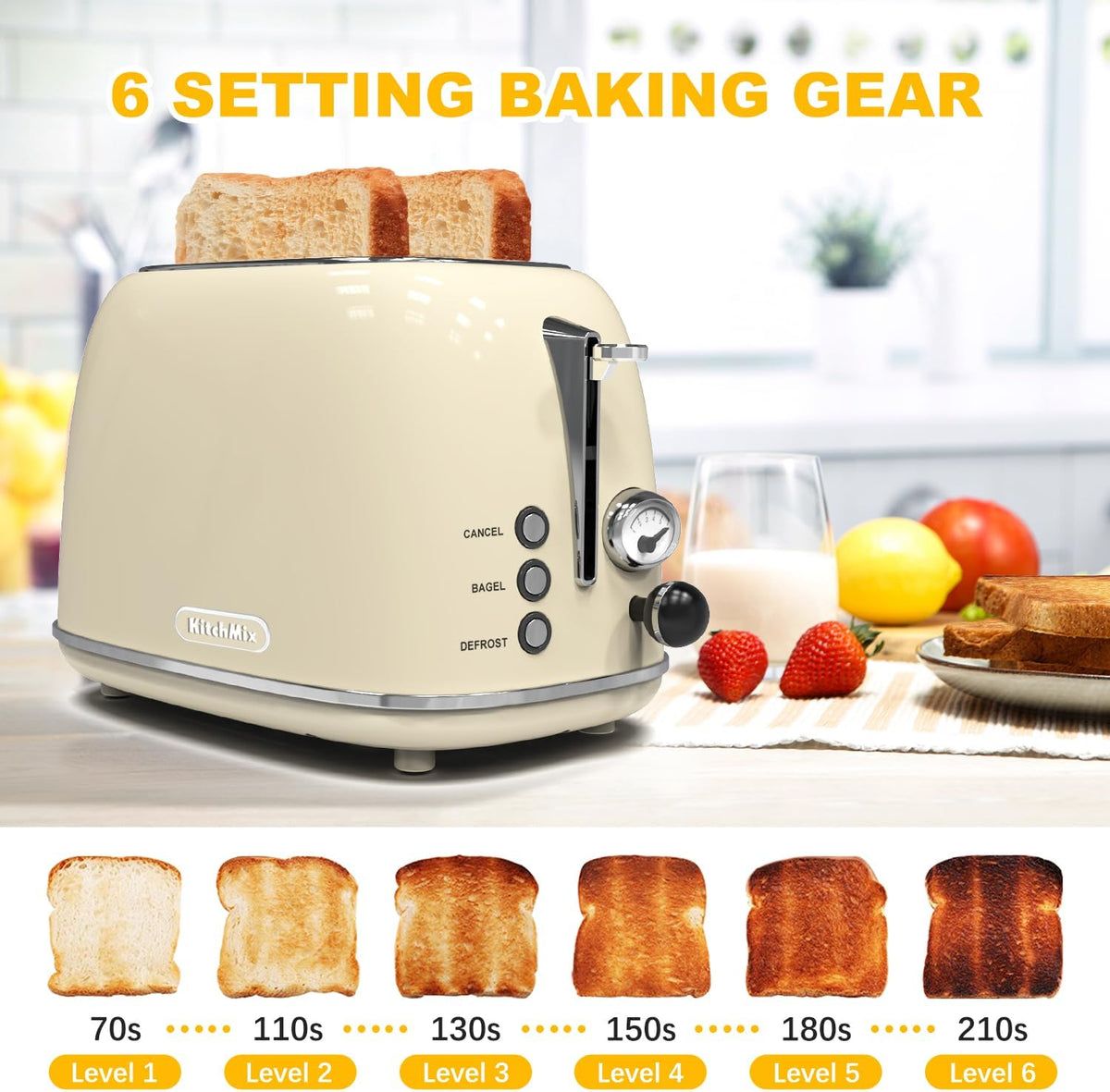 Toaster 2 Slice,  Retro Stainless Steel Toaster with 6 Settings, 1.5 in Extra Wide Slots, Bagel/Defrost/Cancel Function, Removable Crumb Tray (Cream)