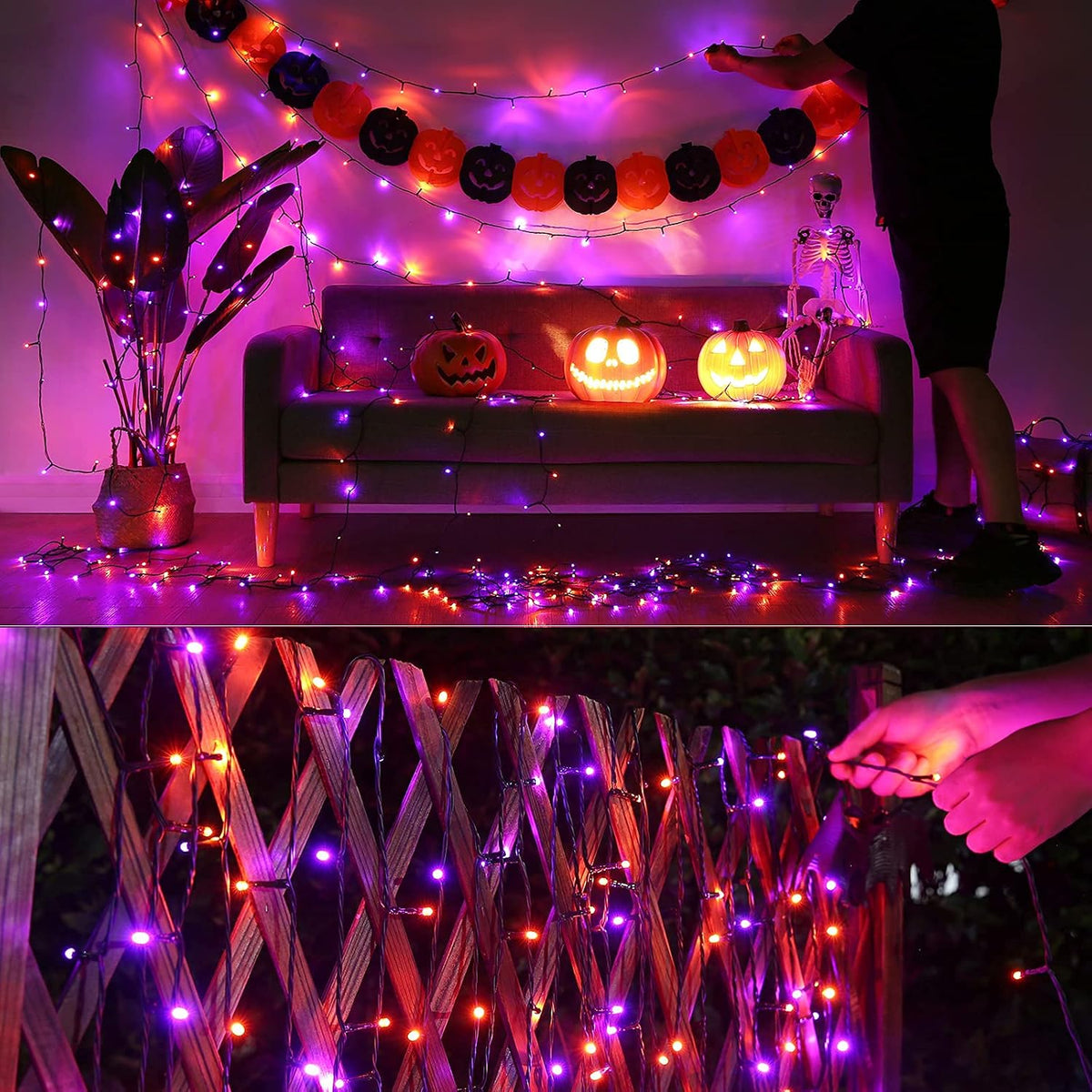 Orange Purple Halloween Lights, 174FT 500LED Plugin Non-Connectable | with 8 Modes Timer, Waterproof Indoor Outdoor for Haunted House, Halloween Party & Trick or Treat Decor