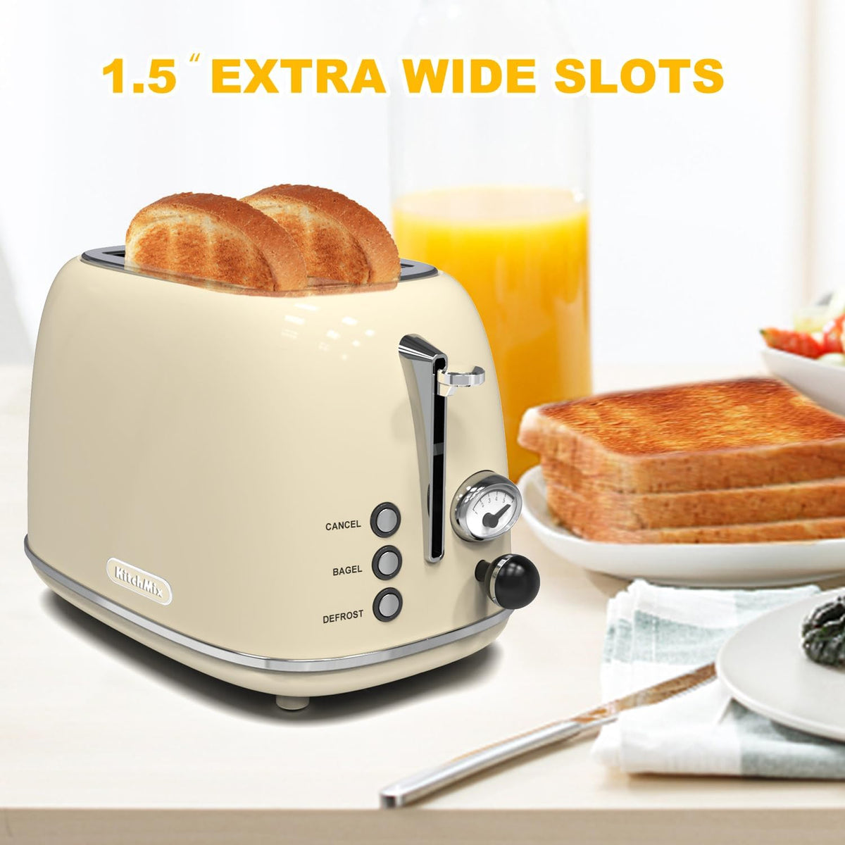 Toaster 2 Slice,  Retro Stainless Steel Toaster with 6 Settings, 1.5 in Extra Wide Slots, Bagel/Defrost/Cancel Function, Removable Crumb Tray (Cream)
