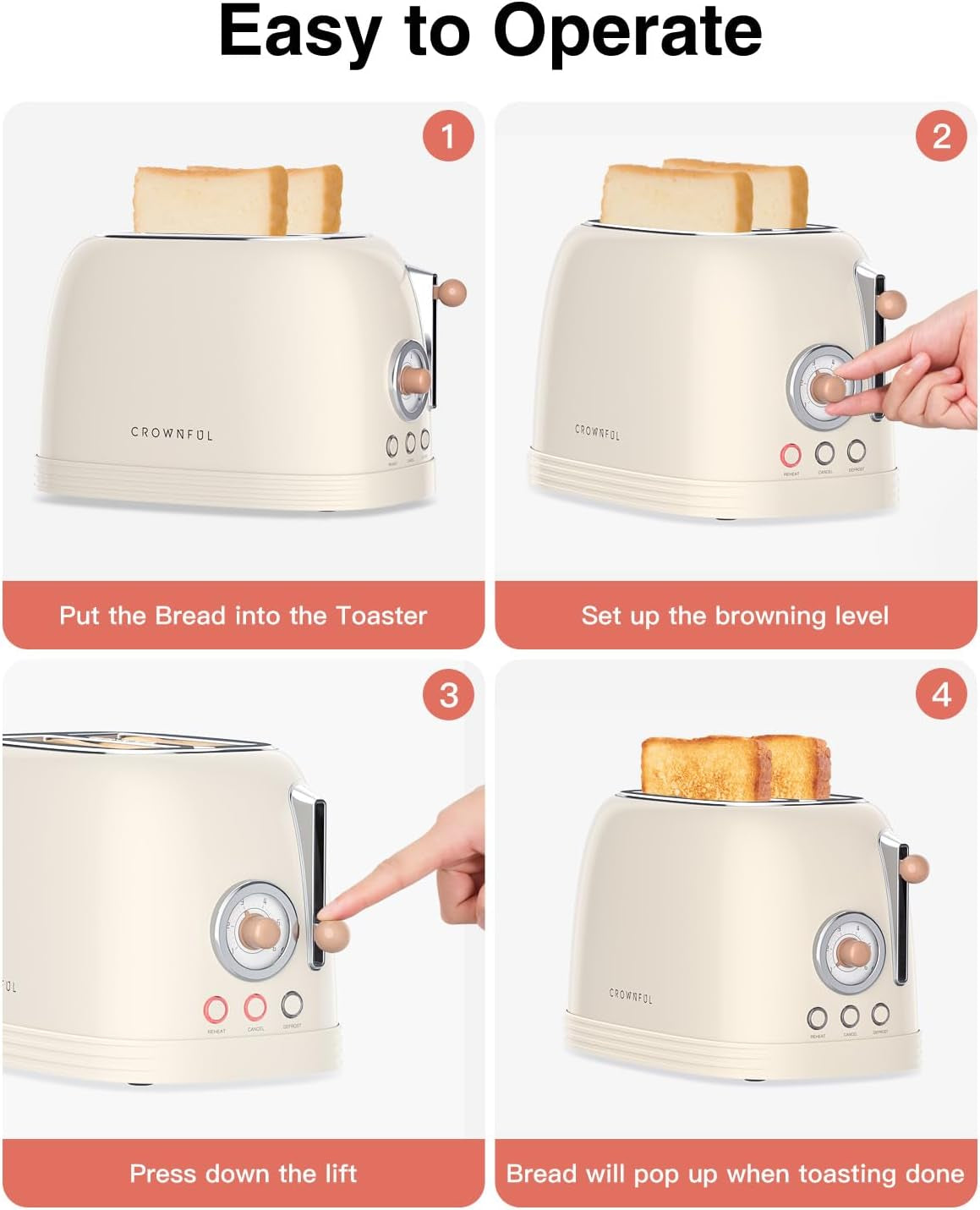 2-Slice Toaster, Extra Wide Slots Toaster, Retro Stainless Steel with Bagel, Cancel, Defrost, Reheat Function and 6-Shade Settings, Removal Crumb Tray, Cream