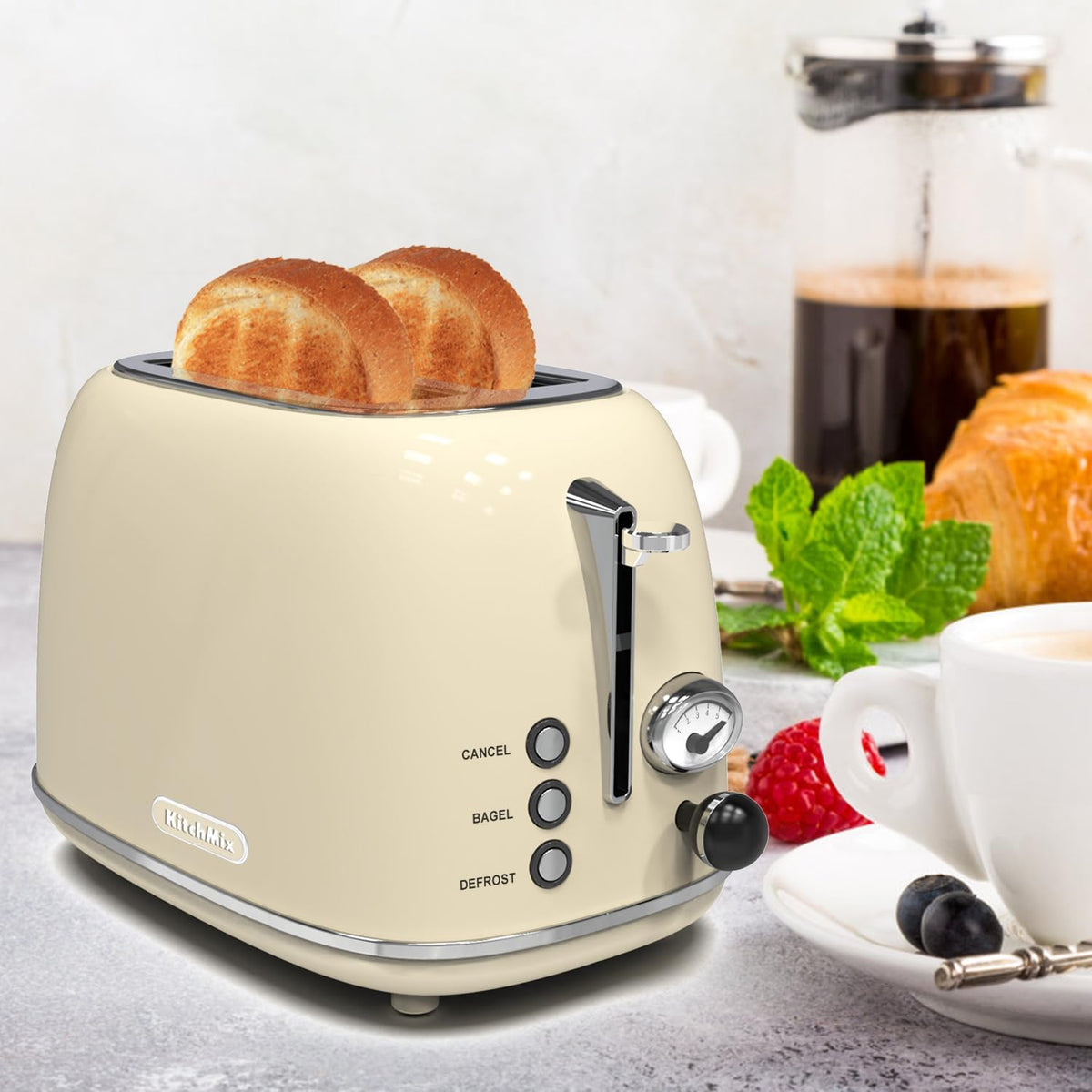 Toaster 2 Slice,  Retro Stainless Steel Toaster with 6 Settings, 1.5 in Extra Wide Slots, Bagel/Defrost/Cancel Function, Removable Crumb Tray (Cream)