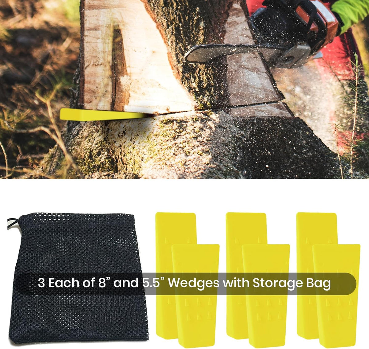 6 Pack Tree Felling Wedges with Spikes for Safe Tree Cutting – 3 Each of 8” and 5.5” Wedges with Storage Bag; 6 Felling Dogs to Guide Trees Stabilize and Safely to Ground for Loggers and Fallers