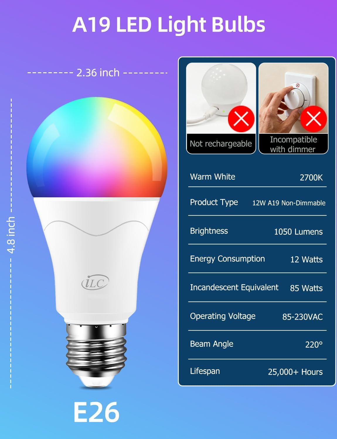 LED Light Bulb 85W Equivalent, Color Changing Light Bulbs 2700K Warm White, Remote Control RGB 6 Modes, Timing, Sync, Dimmable E26 Screw Base (2 Pack)