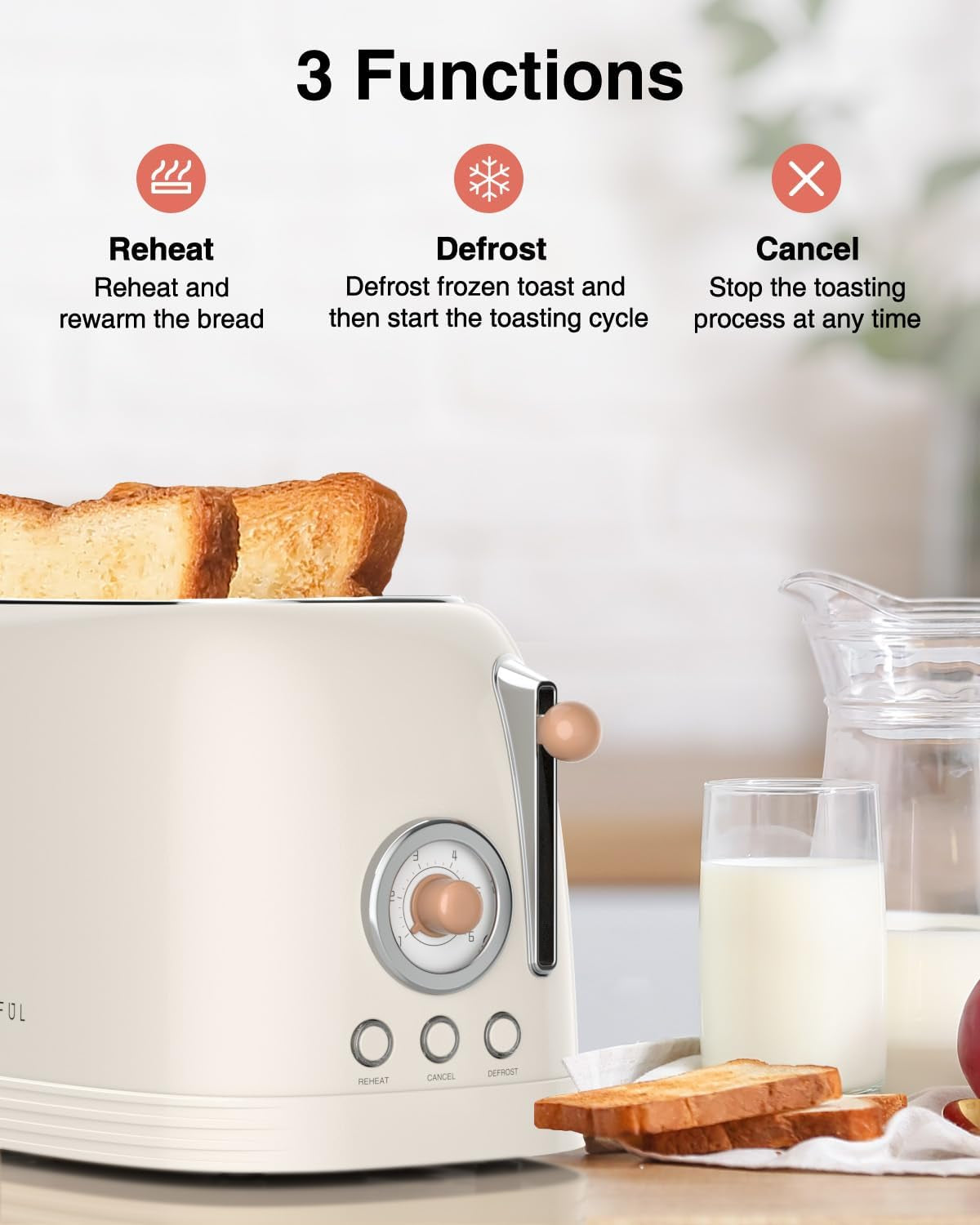 2-Slice Toaster, Extra Wide Slots Toaster, Retro Stainless Steel with Bagel, Cancel, Defrost, Reheat Function and 6-Shade Settings, Removal Crumb Tray, Cream