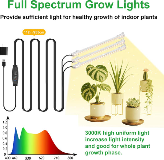 3 Head 7.8 Inches LED Grow Light Strips, Grow Lamps for Indoor Plants Full Spectrum 3000K, 72 Leds Plant Light Strips with 3/9/12H Timer, 10 Dimmable Levels for Seedling Succulent