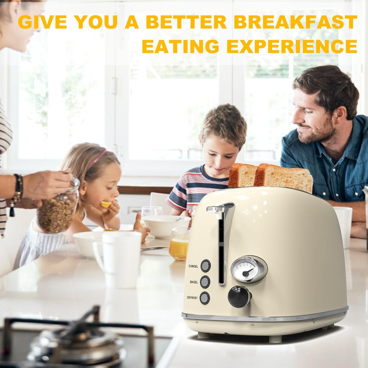 Toaster 2 Slice,  Retro Stainless Steel Toaster with 6 Settings, 1.5 in Extra Wide Slots, Bagel/Defrost/Cancel Function, Removable Crumb Tray (Cream)