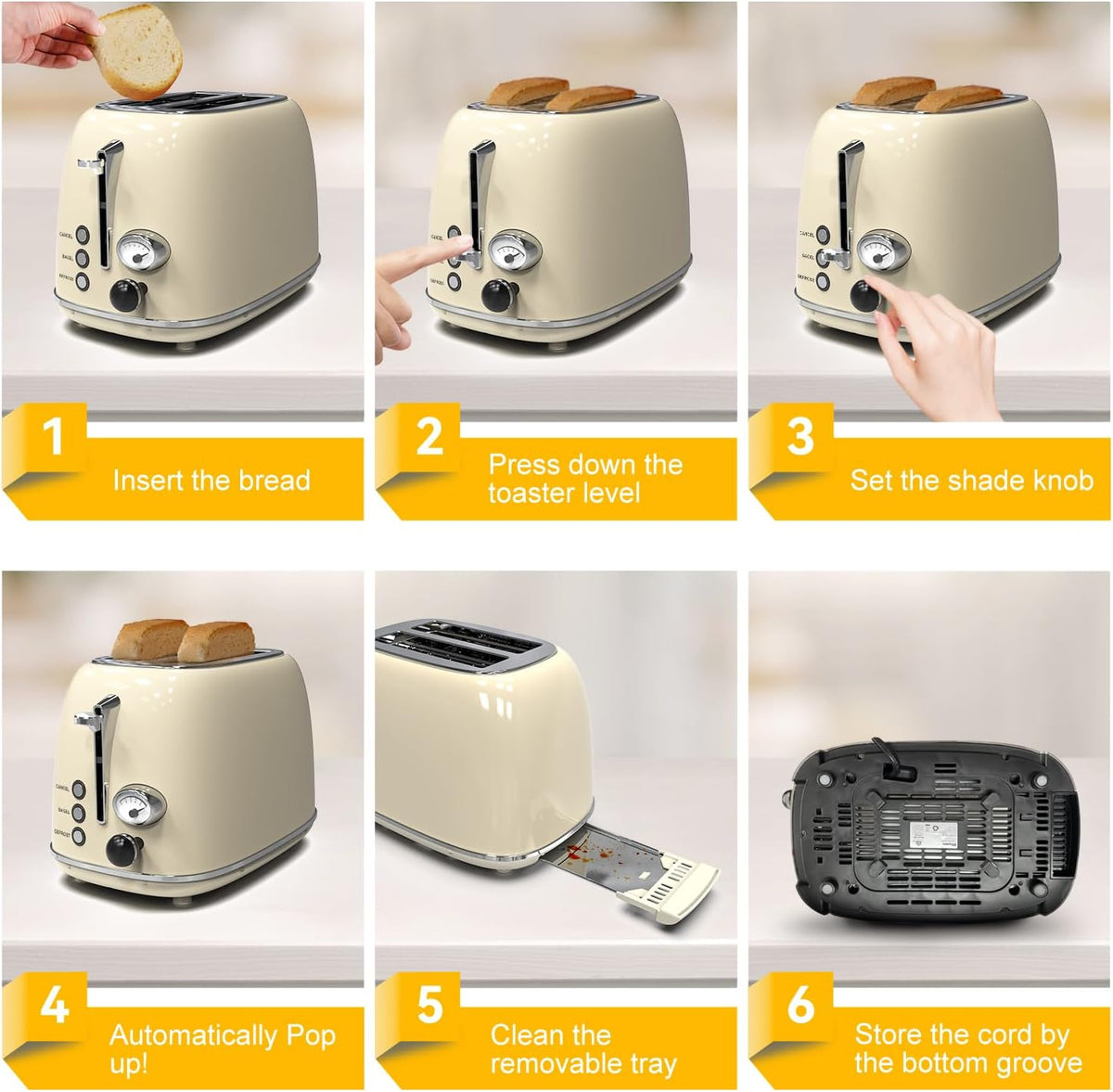 Toaster 2 Slice,  Retro Stainless Steel Toaster with 6 Settings, 1.5 in Extra Wide Slots, Bagel/Defrost/Cancel Function, Removable Crumb Tray (Cream)