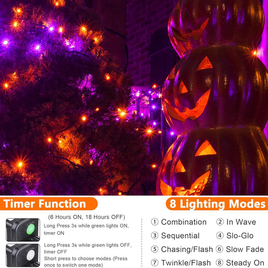 Orange Purple Halloween Lights, 174FT 500LED Plugin Non-Connectable | with 8 Modes Timer, Waterproof Indoor Outdoor for Haunted House, Halloween Party & Trick or Treat Decor