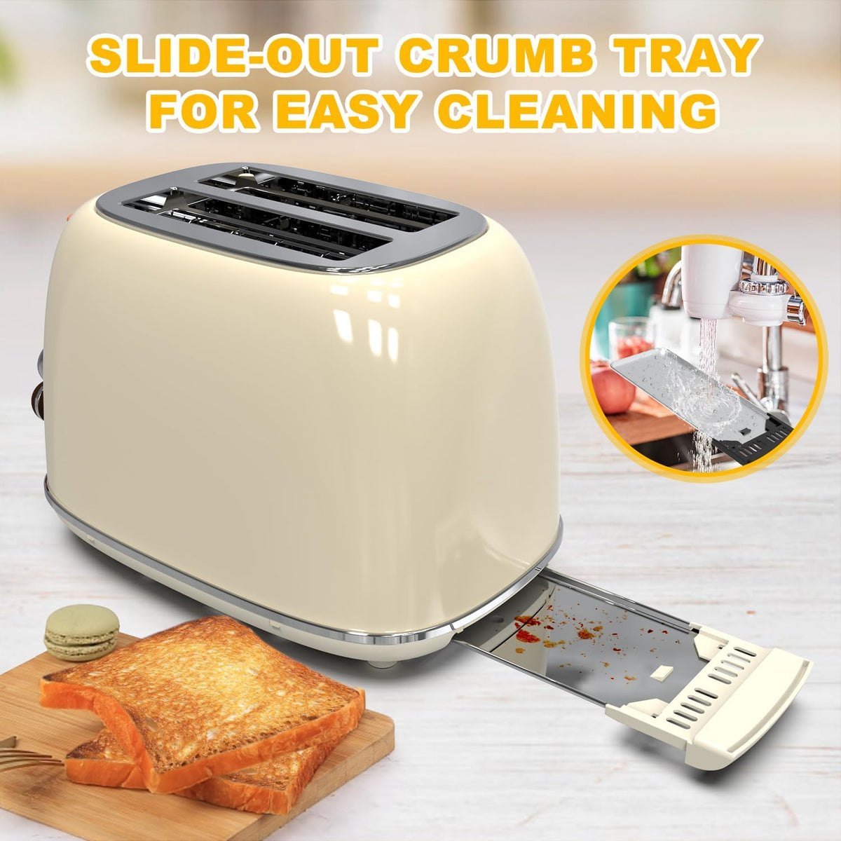 Toaster 2 Slice,  Retro Stainless Steel Toaster with 6 Settings, 1.5 in Extra Wide Slots, Bagel/Defrost/Cancel Function, Removable Crumb Tray (Cream)