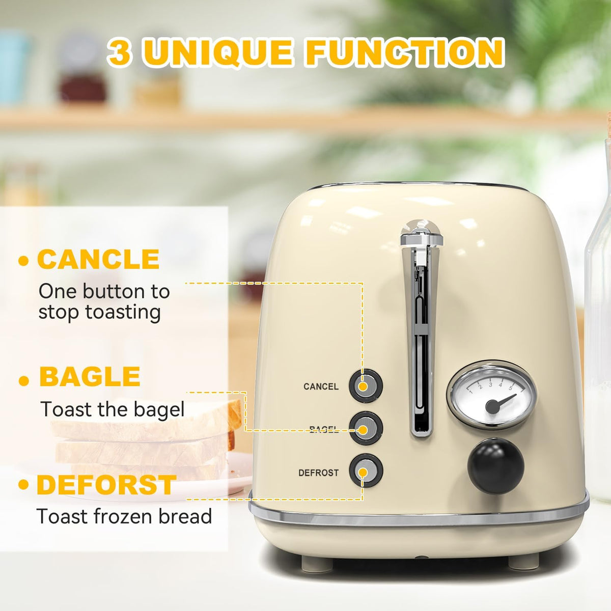 Toaster 2 Slice,  Retro Stainless Steel Toaster with 6 Settings, 1.5 in Extra Wide Slots, Bagel/Defrost/Cancel Function, Removable Crumb Tray (Cream)